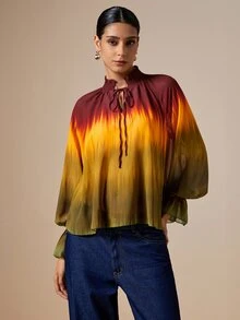 LOTSLUV Women's Autumn Elegant Colorful Gradient Print High Neck Long Sleeve Loose Blouse - Multicolor - View 4