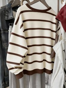 Girls' Beige Brown Striped Round Neck Loose Sweatshirt, Drop Shoulder Casual Pullover Top, Versatile For Daily Wear - Multicolor - View 5