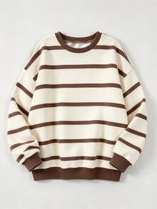 Girls' Beige Brown Striped Round Neck Loose Sweatshirt, Drop Shoulder Casual Pullover Top, Versatile For Daily Wear - Multicolor - View 4