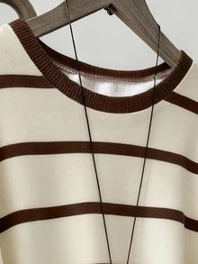 Girls' Beige Brown Striped Round Neck Loose Sweatshirt, Drop Shoulder Casual Pullover Top, Versatile For Daily Wear - Multicolor - View 8