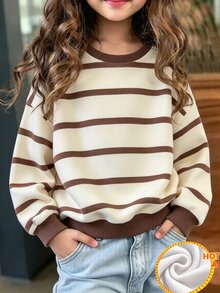 Girls' Beige Brown Striped Round Neck Loose Sweatshirt, Drop Shoulder Casual Pullover Top, Versatile For Daily Wear - Multicolor - View 2