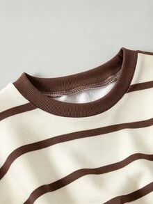 Girls' Beige Brown Striped Round Neck Loose Sweatshirt, Drop Shoulder Casual Pullover Top, Versatile For Daily Wear - Multicolor - View 7