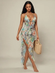 Sirith Women Light Blue Floral Summer Boho Beach Holiday Holiday One-Piece Swimsuit & Sheer Mesh Maxi Skirt,Hollow Beaded Animal Print Ruched Swimwear Set - Multicolor - View 1