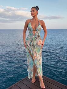 Sirith Women Light Blue Floral Summer Boho Beach Holiday Holiday One-Piece Swimsuit & Sheer Mesh Maxi Skirt,Hollow Beaded Animal Print Ruched Swimwear Set - Multicolor - View 3