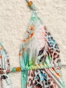 Sirith Women Light Blue Floral Summer Boho Beach Holiday Holiday One-Piece Swimsuit & Sheer Mesh Maxi Skirt,Hollow Beaded Animal Print Ruched Swimwear Set - Multicolor - View 5