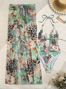 Sirith Women Light Blue Floral Summer Boho Beach Holiday Holiday One-Piece Swimsuit & Sheer Mesh Maxi Skirt,Hollow Beaded Animal Print Ruched Swimwear Set - Multicolor - View 4