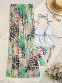 Sirith Women Light Blue Floral Summer Boho Beach Holiday Holiday One-Piece Swimsuit & Sheer Mesh Maxi Skirt,Hollow Beaded Animal Print Ruched Swimwear Set - Multicolor - View 2