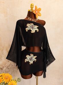 SHEIN Swim 2pcs Asymmetric Shoulder Mesh 3D Floral Wide Sleeve Bodycon Dress, Spring/Summer Beach Vacation Casual Sexy Cover-Up Set - Black - View 7