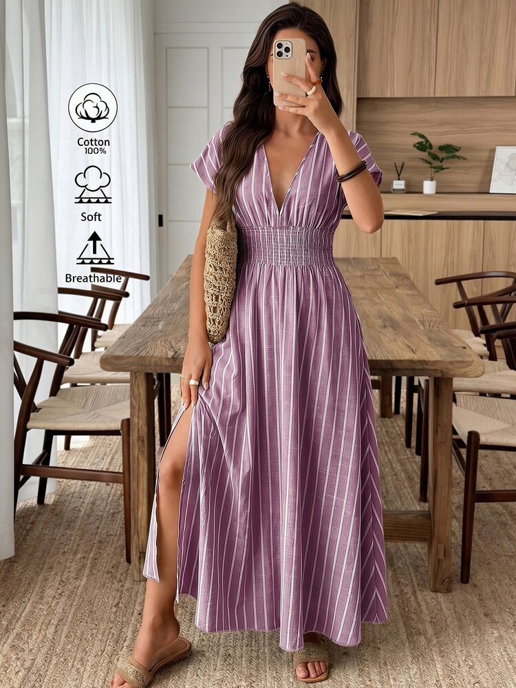 Elouméa Women's Spring/Summer Deep Shirred Long Sleeve Cinched Waist A-Line Purple And White Woven Fabric Casual Tropical Vacation Dress Beach - Multicolor - View 1