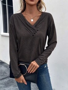 SHEIN LUNE Women's V-Neck Pleated Button Detail Casual T-Shirt Fall Cloth For Women - Brown - View 6