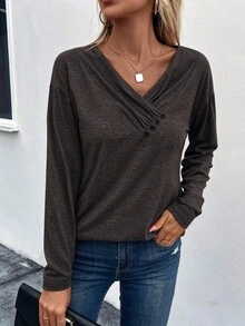 SHEIN LUNE Women's V-Neck Pleated Button Detail Casual T-Shirt Fall Cloth For Women - Brown - View 5