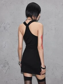 ROMWE Grunge Punk Women's Short Dress Punk Foil Slogan Rock Slim Fit Sequin Patchwork Black Sexy - Black - View 6