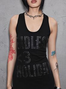 ROMWE Grunge Punk Women's Short Dress Punk Foil Slogan Rock Slim Fit Sequin Patchwork Black Sexy - Black - View 2
