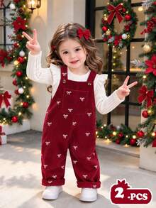 SHEIN 2pcs/Set Baby Girl Bow Print Corduroy Jumpsuit With Ribbed Long Sleeve White T-Shirt Casual Outfit For Daily Wear - Burgundy - View 1