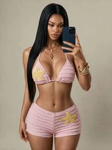 Sirith Summer New Multicolor Textured Fabric Ocean Starfish Decor Accessories Straight Leg Pants Halter Tie Beach Vacation Women 2 Pieces Swimwear Set - Pink - View 3