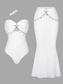 Sirith Traje de baño de una pieza de unicolor, combinado con accesorios de estrella de mar y vestido de playa, primavera/verano - Blanco - Ver 5