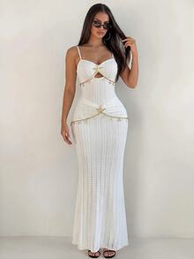 Sirith Traje de baño de una pieza de unicolor, combinado con accesorios de estrella de mar y vestido de playa, primavera/verano - Blanco - Ver 8