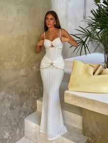 Sirith Traje de baño de una pieza de unicolor, combinado con accesorios de estrella de mar y vestido de playa, primavera/verano - Blanco - Ver 10