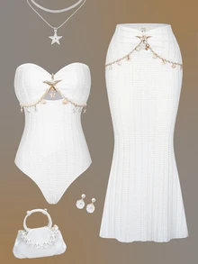 Sirith Traje de baño de una pieza de unicolor, combinado con accesorios de estrella de mar y vestido de playa, primavera/verano - Blanco - Ver 4