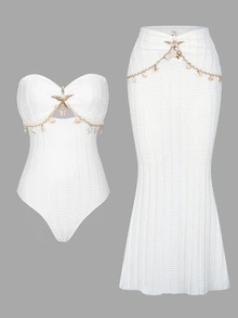 Sirith Traje de baño de una pieza de unicolor, combinado con accesorios de estrella de mar y vestido de playa, primavera/verano - Blanco - Ver 13