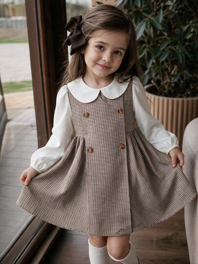 SHEIN Kids Young Girl Woven Plaid Patchwork Solid Color Peter Pan Collar Casual Dress