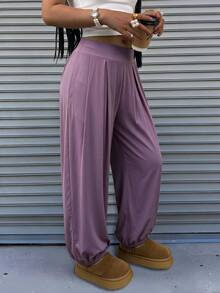 Rovax Solid Color High Waist Wide Waistband Pleated Cuffed Pants, Slouchy Draped Casual Harem Pants - Purple - View 4