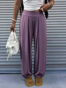 Rovax Solid Color High Waist Wide Waistband Pleated Cuffed Pants, Slouchy Draped Casual Harem Pants - Purple - View 3