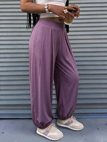 Rovax Solid Color High Waist Wide Waistband Pleated Cuffed Pants, Slouchy Draped Casual Harem Pants - Purple - View 1
