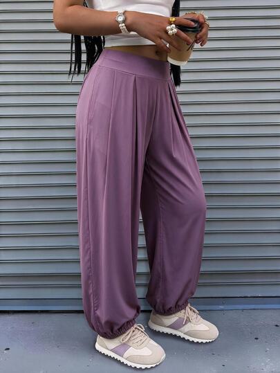 Rovax Solid Color High Waist Wide Waistband Pleated Cuffed Pants, Slouchy Draped Casual Harem Pants