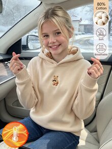 SHEIN Tween Girl Cotton Teddy Bear Sweatshirt, Fall Clothes Winter Beige Sweatshirt, Cute Long Sleeve Pullover For Daily Wear Street Style Suitable For School - Apricot - View 5