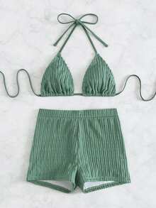 SHEIN Swim 2pcs Textured Solid Color Halter Bikini Set, Suitable For Summer Beach Vacation - Olive Green - View 4