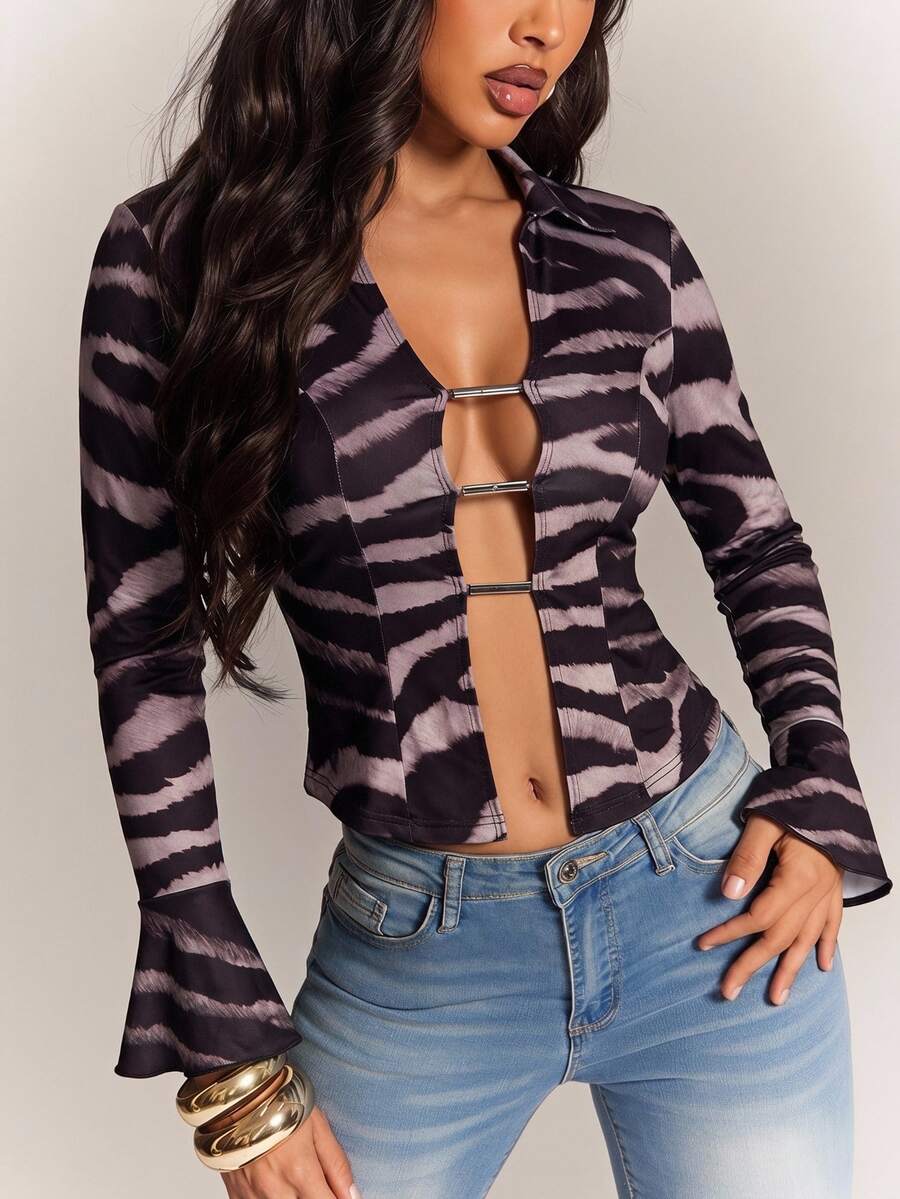 Sexy Casual Vintage Zebra Print Cutout Design Top Club Night Out White And Black Autumn - Multicolor - View 1