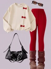 SHEIN Girls Korean Style Vibrant Beige Sweatshirt With Ribbon Bow Slim Fit Long Pants 2 Pieces Set, Spring Autumn Winter Casual Long Sleeve Outfit, Comfortable Red Set - White - View 1