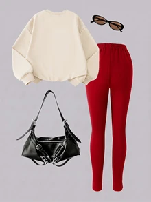 SHEIN Girls Korean Style Vibrant Beige Sweatshirt With Ribbon Bow Slim Fit Long Pants 2 Pieces Set, Spring Autumn Winter Casual Long Sleeve Outfit, Comfortable Red Set - White - View 2