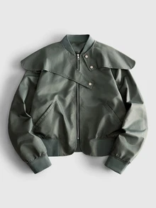ROMWE MEN Men's Structural Functional Style Zip-Up Baseball Jacket - Olive Green - View 1