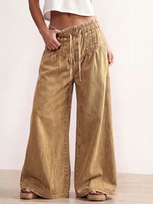 Bohemela Casual Boho Solid Color Woven Loose Fit Women's Denim Jeans Vacation Khaki Summer - Brown - View 3