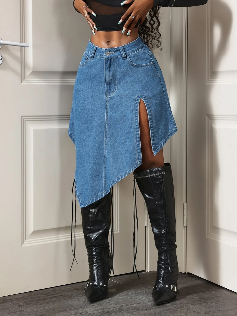 Slaydiva Women's Fashion Plus Size Denim Asymmetrical Split Mini Skirt - Medium Wash - View 1