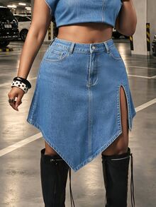 Slaydiva Women's Fashion Plus Size Denim Asymmetrical Split Mini Skirt - Medium Wash - View 3