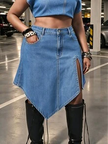 Slaydiva Women's Fashion Plus Size Denim Asymmetrical Split Mini Skirt - Medium Wash - View 5