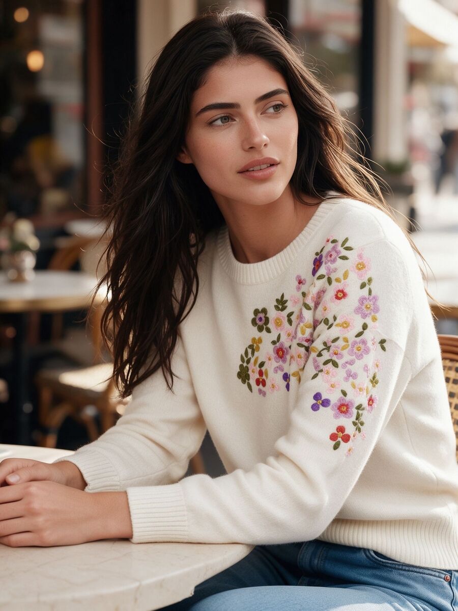 Anewsta Gentle Mori Style Heavy Embroidery Colorful Floral Knit Sweater, Cream Apricot Round Neck Loose Fit Slimming Long Sleeve Pullover - Apricot - View 1