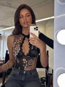 Aloruh Women's Autumn/Winter Printed Mesh & Lace Patchwork Fitted Bodysuit - Multicolor - View 1