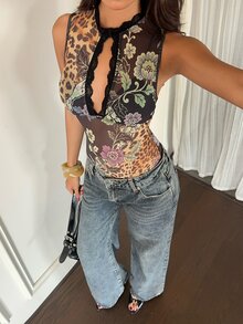 Aloruh Women's Autumn/Winter Printed Mesh & Lace Patchwork Fitted Bodysuit - Multicolor - View 3