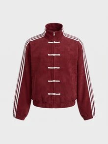 Manfinity BRENVOR Men's Casual Striped Long Sleeve Frog Button Design Zip Jacket, For Spring, Outdoor - Red - View 1