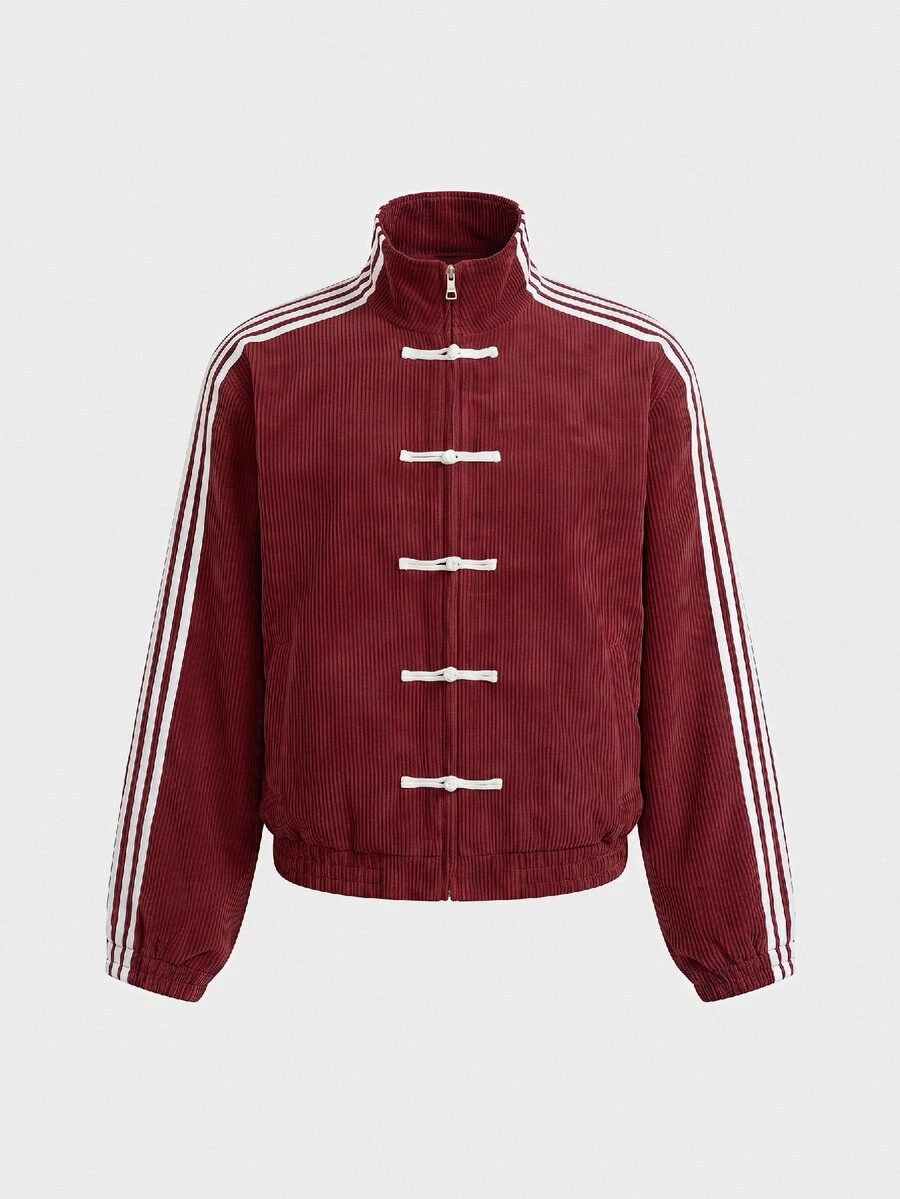 Manfinity BRENVOR Men's Casual Striped Long Sleeve Frog Button Design Zip Jacket, For Spring, Outdoor - Red - View 1