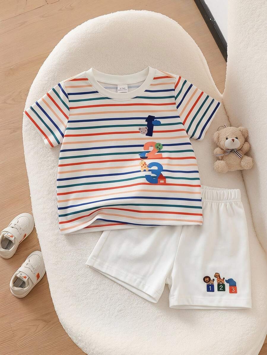 SHEIN Baby Boy Outfit Number Cartoon Collar Short Sleeve Cardigan Shorts Set Shirt Ribbed Clothing Summer Holiday Green And White Striped White Cute