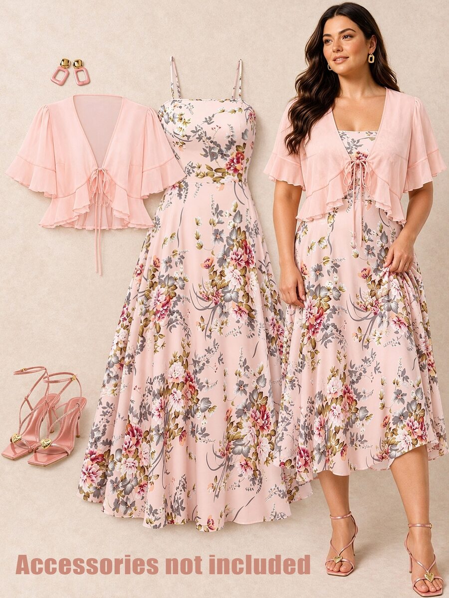 Franclia Women's Plus Size Pink Floral 2 Pieces Set Elegant Romantic Summer Tea Party Formal Brunch Chiffon Blouse Jacket Sleeveless Ruffle Hem Dress Suit