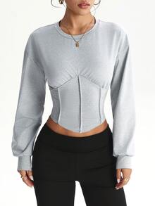 FavEase Women's Outdoor Casual Loose Long Sleeve Cinched Waist Faux Fishbone Design Mesh Sport Top - Light Grey - View 5