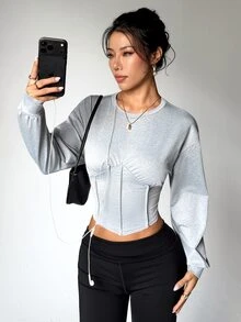 FavEase Women's Outdoor Casual Loose Long Sleeve Cinched Waist Faux Fishbone Design Mesh Sport Top - Light Grey - View 4