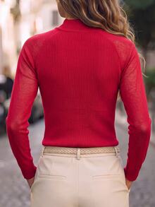 SHEIN Women's Autumn Thin Hollow Knit Top Slim Fit Elegant Solid Color Inner Layer Round Neck Sweater - Red - View 2