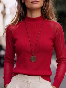 SHEIN Women's Autumn Thin Hollow Knit Top Slim Fit Elegant Solid Color Inner Layer Round Neck Sweater - Red - View 1